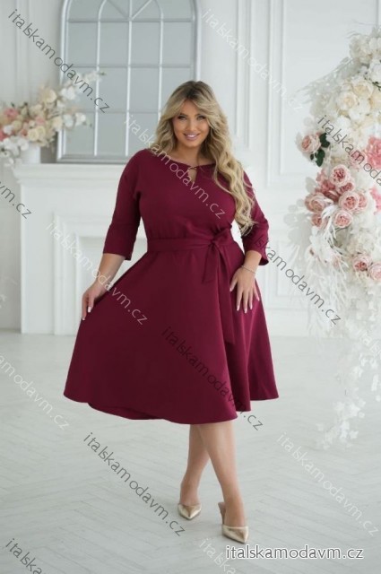 Šaty s páskem elegantný 3/4rukáv dámske nadrozmer (38-48) POLSKÁ MÓDA PMLLD255056-2/DU 42 vínová