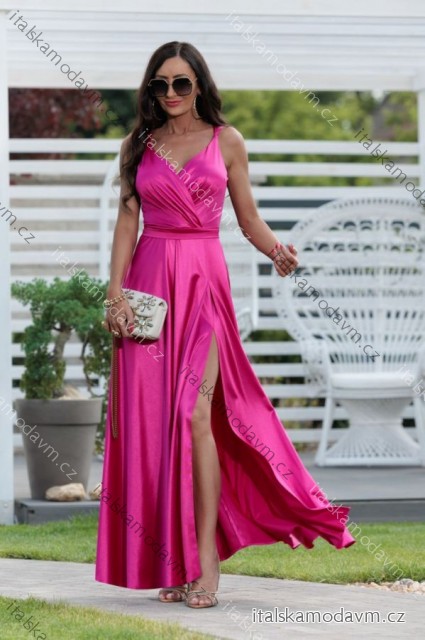 Šaty dlouhé saténové elegantní na ramínka dámské (34-40) POLSKÁ MÓDA PMLEL25MARINA1 růžová malinová 34