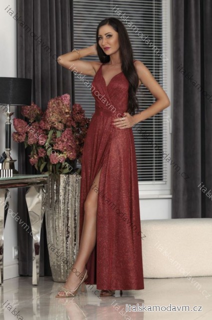 Šaty dlouhé elegantní třpytivé na ramínka dámské (32-42) POLSKÁ MÓDA PMLEL250MARINA3 tmavě červená 34