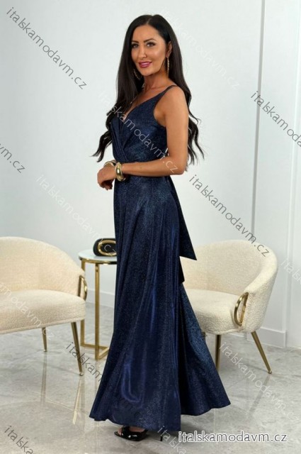 Šaty dlouhé elegantní třpytivé na ramínka dámské (32-42) POLSKÁ MÓDA PMLEL250MARINA4 tmavě modrá 42