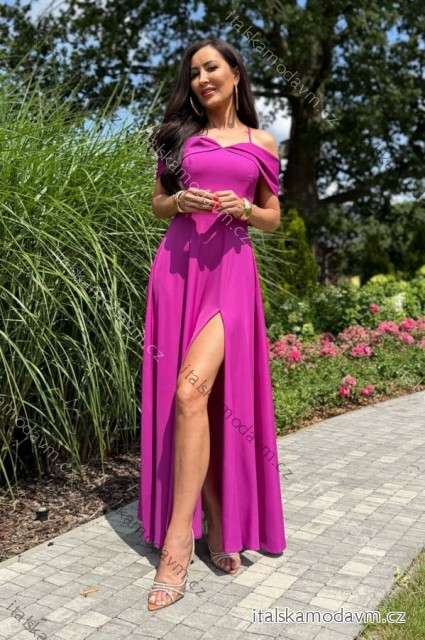 Šaty dlhé carmen cez ramená spoločenské trblietavé dámske (34-42) POLSKÁ MÓDA PMLEL25SILLA2 fialová 40