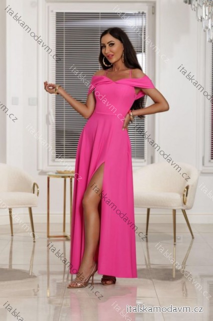 Šaty dlhé carmen cez ramená spoločenské trblietavé dámske (34-42) POLSKÁ MÓDA PMLEL25SILLA3 ružová fuchsiová 36