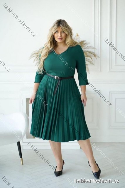 Šaty s páskem elegantný 3/4rukáv dámske nadrozmer (38-48) POLSKÁ MÓDA PMLLD255078/DUR 44 tmavo smaragdová