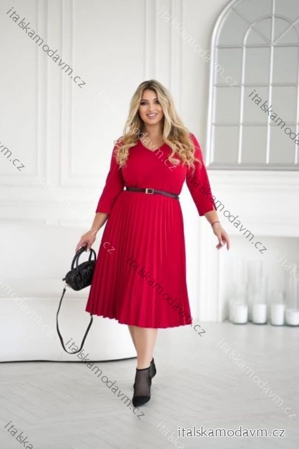 Šaty s páskem elegantní 3/4 rukáv dámské nadrozměr (38-48) POLSKÁ MÓDA PMLLD255078-1/DUR 40 červená