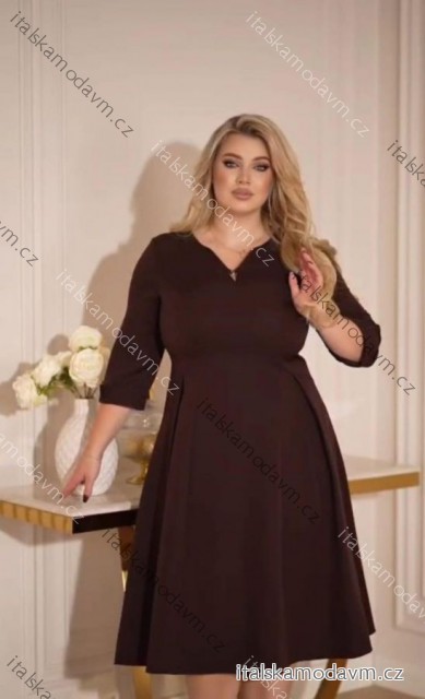 Šaty elegantní 3/4 rukáv dámské nadrozměr (40-50) POLSKÁ MÓDA PMLLD255098-1/DUR 44 hnědá
