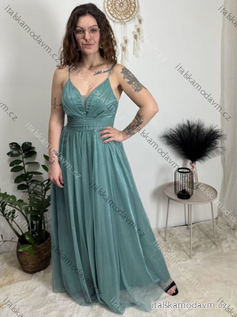 Šaty dlouhé společenské na ramínka dámské (S/M ONE SIZE) ITALSKÁ MÓDA IMC23435/DUR světle zelená S/M/L