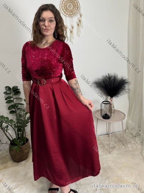 Šaty dlouhé společenské flitrové s páskem dlouhý rukáv dámské (XS/S/M ONE SIZE) ITALSKÁ MÓDA IMM25M13302/DUR