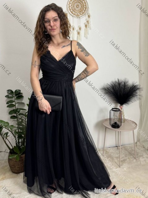 Šaty dlouhé společenské na ramínka dámské ROMANCE (XS/S/M ONE SIZE) ITALSKÁ MÓDA IMC25412/DR Černá XS/S/M