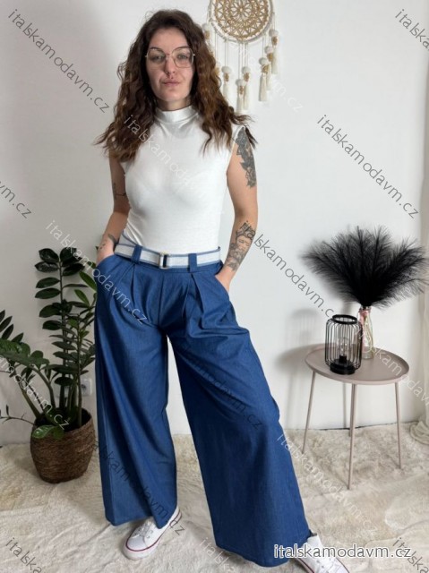 Kalhoty dlouhé letní riflové s páskem dámské PALAZZO (S/M/L ONE SIZE) ITALSKÁ MÓDA IMWCL251061
