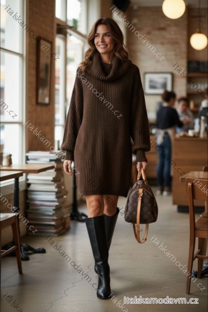 Šaty pletené s rolákem dlouhý rukáv dámské nadrozměr (48/50/52 ONE SIZE) ITALSKÁ MÓDA IMD25331