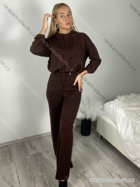 Souprava oversize úpletová kalhoty a svetr s kapucí dlouhý rukáv dámská (S/M/L ONE SIZE) ITALSKÁ MÓDA IMWGB25LO-1160AB/DUR S/M/L tmavě hnědá