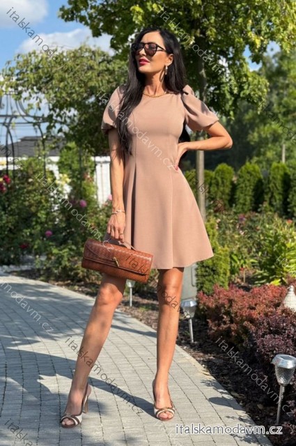 Šaty krátke elegantné letné krátky rukáv dámske nadrozmer (34-46) POLSKÁ MÓDA PMLEL25CHANEL4 béžová mandľová 40