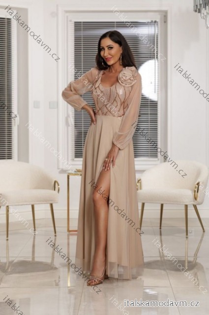 Šaty dlhé spoločenské krajkové s filtrami dlhý rukáv dámske nadrozmer (36-50) POLSKÁ MÓDA PMLEL25STELLA béžová 46
