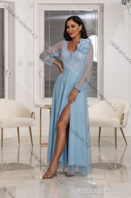 Šaty dlhé spoločenské krajkové s filtrami dlhý rukáv dámske nadrozmer (36-50) POLSKÁ MÓDA PMLEL25STELLA3 modrá 42