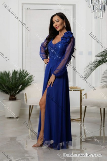 Šaty dlhé spoločenské krajkové s filtrami dlhý rukáv dámske nadrozmer (36-50) POLSKÁ MÓDA PMLEL25STELLA4 modrá kráľovská 46