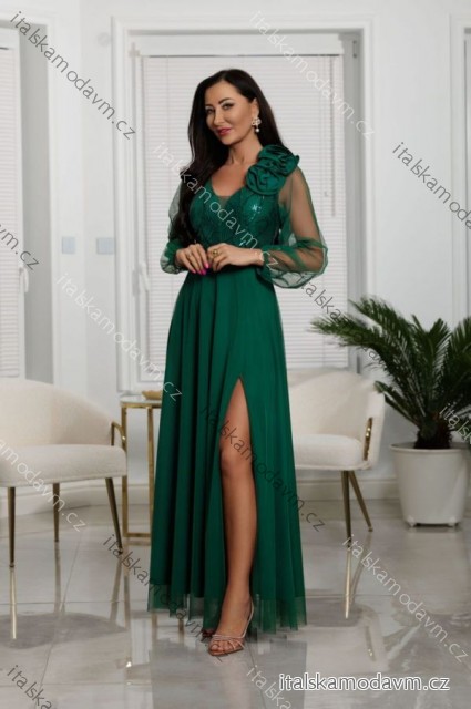 Šaty dlhé spoločenské krajkové s filtrami dlhý rukáv dámske nadrozmer (36-50) POLSKÁ MÓDA PMLEL25STELLA7 zelená 46