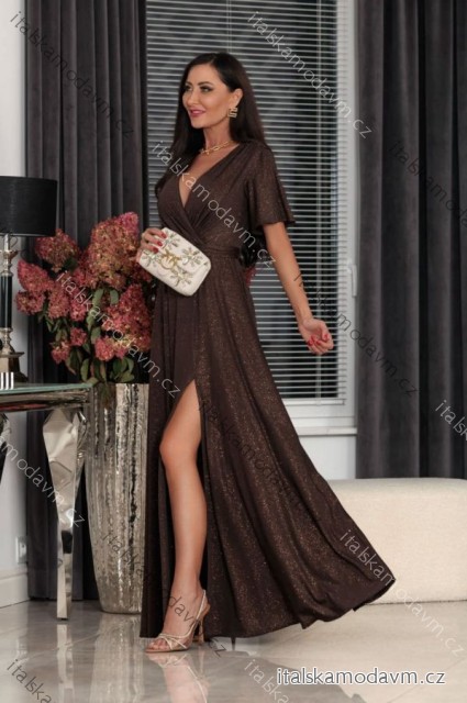 Šaty dlouhé společenské brokátové třpytivé krátký rukáv dámské (S - 2XL) POLSKÁ MÓDA PMLEL25BELLA