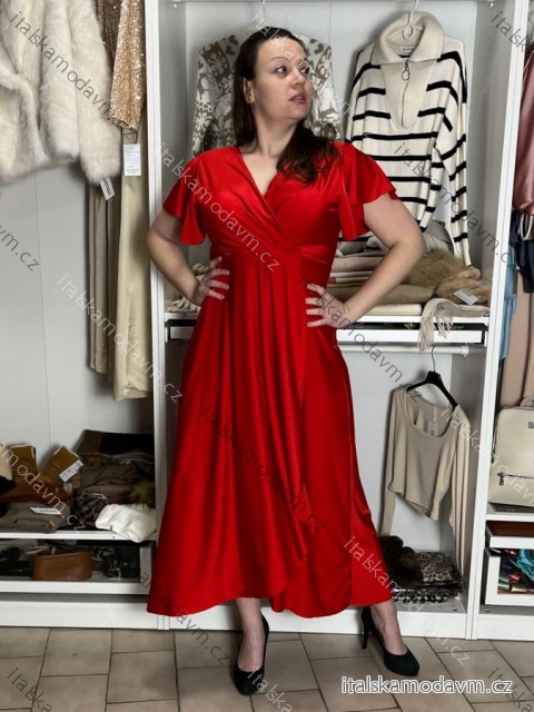 Šaty dlouhé společenské saténové krátký rukáv dámské ADINA  (38/40/42 ONE SIZE) ITALSKÁ MÓDA IM425896