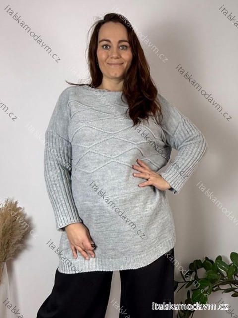 Svetr prodloužený dlouhý rukáv dámský nadrozměr RAMANNA (54/56/58 ONE SIZE) ITALSKÁ MÓDA IMD25172/DU 54/56/58 šedá