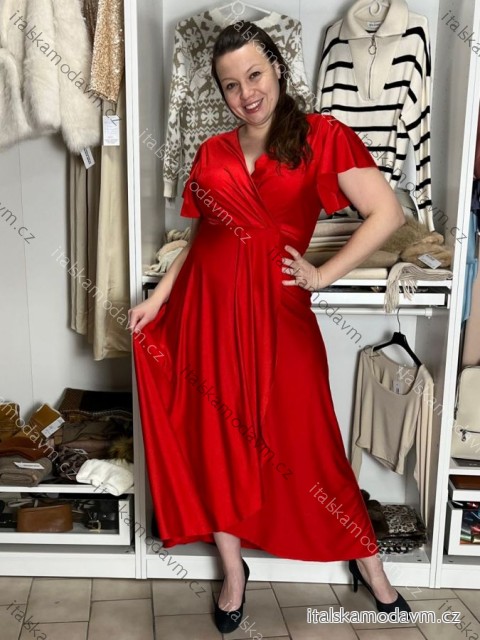 Šaty dlouhé společenské saténové krátký rukáv dámské ADINA  (38/40/42 ONE SIZE) ITALSKÁ MÓDA IM425896/DUR 38/40/42 červená