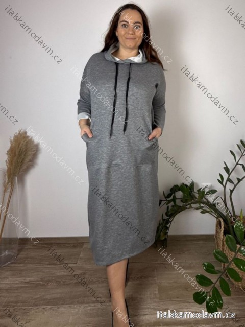 Šaty mikinové s kapucí a kapsami dlouhý rukáv dámské nadrozměr  KARLA (54/56/58 ONE SIZE) ITALSKÁ MÓDA IMD25159/DU 54/56/58 šedá