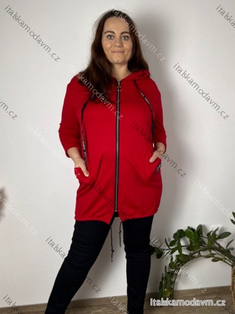 Mikina slabá na zip s kapucí dlouhý rukáv dámská nadrozměr BELLA (46/48/50 ONE SIZE) ITALSKÁ MÓDA IMSM25198/DU 46/48/50 červená