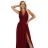 211-8 LEA dlouhé šaty s krajkovým výstřihem a rozparkem na nohavici - vínové