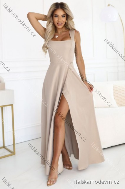 633-1 AURELIA dlouhé šaty s rozparkem a diamantovým výstřihem - béžové s třpytkami