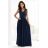 215-6 LEA dlouhé elegantní maxi šaty s krajkovým vrškem a rozparkem na nohavici - tmavě modré