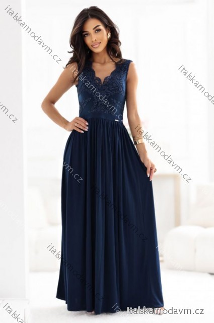 215-6 LEA dlouhé elegantní maxi šaty s krajkovým vrškem a rozparkem na nohavici - tmavě modré