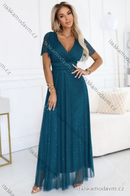 635-1 MELANIA dlouhé, lesklé šaty s výstřihem a krátkými rukávy - lahvově zelené