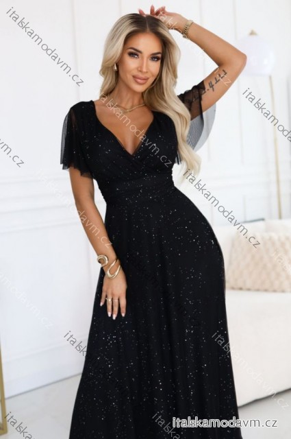 635-2 MELANIA dlouhé, lesklé šaty s výstřihem a krátkým rukávem - černé