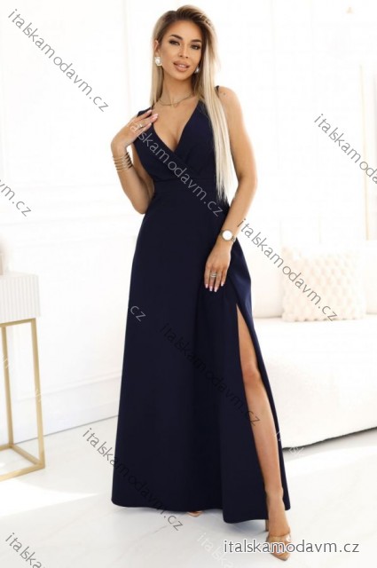 634-1 MIRA elegantní maxi šaty s zavinovacím výstřihem a rozparkem na nohavici - tmavě modré