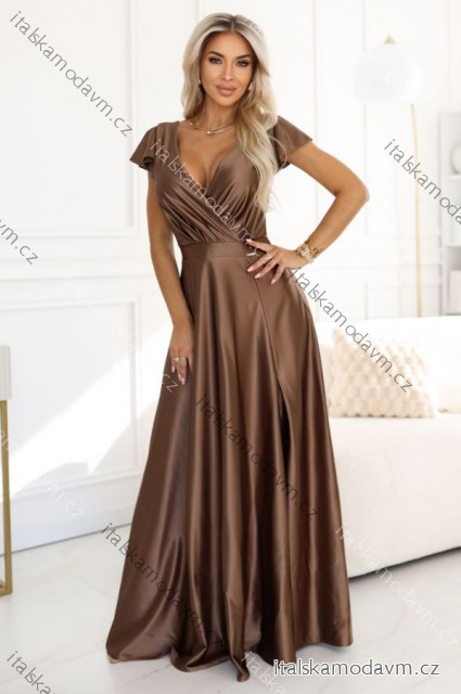 411-14 CRYSTAL saténové dlouhé šaty s výstřihem - mocha mousse