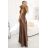 411-14 CRYSTAL dlhé saténové šaty s výstrihom - mocha mousse