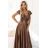 411-14 CRYSTAL dlhé saténové šaty s výstrihom - mocha mousse
