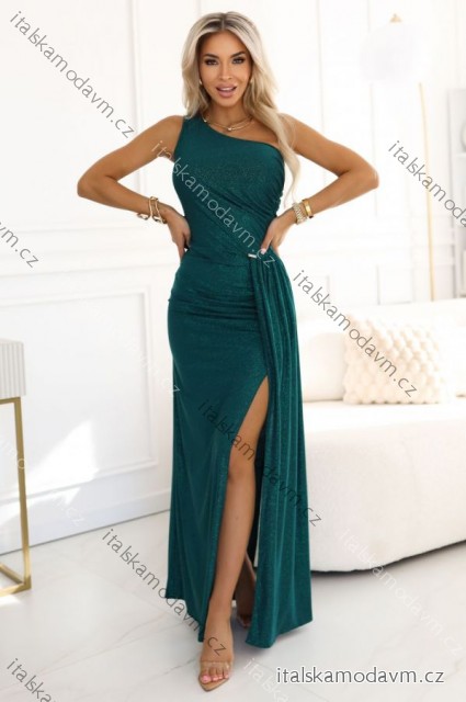 600-2 SELENA třpytivé dlouhé šaty na jedno rameno s rozparkem - zelené s třpytkami