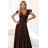 411-15 CRYSTAL saténové dlouhé šaty s výstřihem - čokoládové