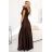 411-15 CRYSTAL saténové dlhé šaty s výstrihom - čokoládové