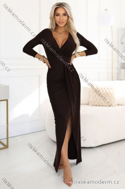 404-14 Elegantní dlouhé šaty s zavinovacím výstřihem a rozparkem - čokoládově hnědé