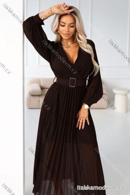 414-11 KLARA elegantní skládané midi šaty s páskem a výstřihem - čokoládové