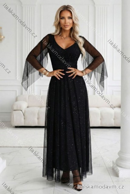 655-1 Dlouhé, třpytivé šaty s výstřihem a průhlednými rukávy - černé