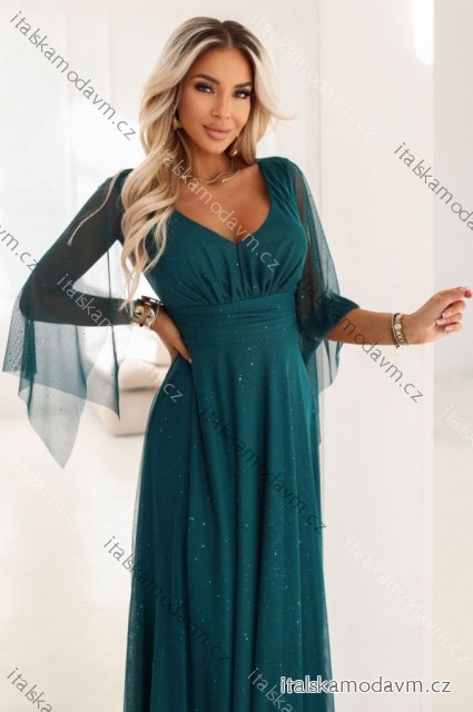 655-2 Dlouhé, třpytivé šaty s hlubokým výstřihem a průsvitnými rukávy - smaragdově zelené