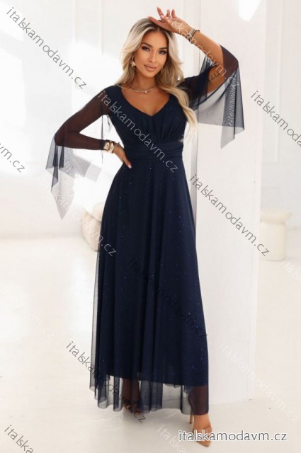 655-3 Dlouhé, třpytivé šaty s výstřihem a průhlednými rukávy - tmavě modré