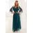 654-1 Dlouhé, třpytivé šaty plus size s kulatým výstřihem a průsvitnými rukávy - lahvově zelené