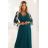 654-1 Dlouhé, třpytivé šaty plus size s kulatým výstřihem a průsvitnými rukávy - lahvově zelené