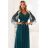 654-1 Dlouhé, třpytivé šaty plus size s kulatým výstřihem a průsvitnými rukávy - lahvově zelené