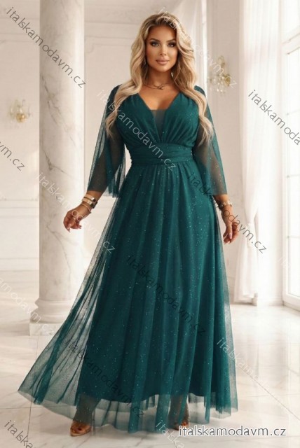 654-1 Dlouhé, třpytivé šaty plus size s kulatým výstřihem a průsvitnými rukávy - lahvově zelené