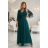 654-1 Dlouhé, třpytivé šaty plus size s kulatým výstřihem a průsvitnými rukávy - lahvově zelené