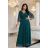 654-1 Dlouhé, třpytivé šaty plus size s kulatým výstřihem a průsvitnými rukávy - lahvově zelené